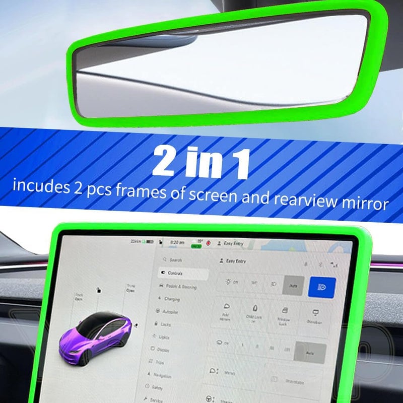 Yeapop 2Pcs Silicone Protector Frames of Screen and Rear View Mirror for Tesla Model 3 2024 Highland and Model Y 2025 Juniper. (Green) - Image 4